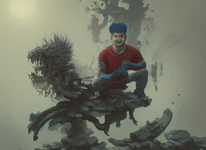 Image similar to an insanely detailed painting of an asian man wearing a homemade superhero costume, sitting at a desk, staring seriously at the computer and typing, in the style of peter mohrbacher, james jean, ruan jia, dramatic lighting and composition, surreal background, octane render, pixar, trending on artstation, concept art, comic book, view from behind, 8 k