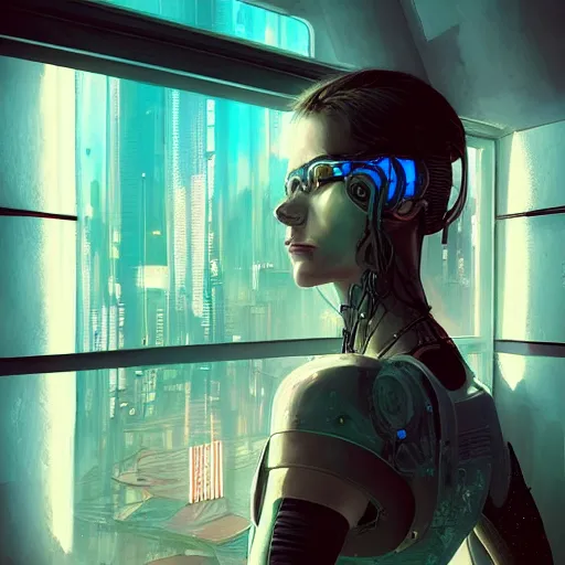 Prompt: portrait of cyberpunk woman looking out of a window, cyberpunk setting, futuristic, highly detailed, intricate lighting, digital painting, sharp focus, illustration, trending on artstation, art by marc simonetti.