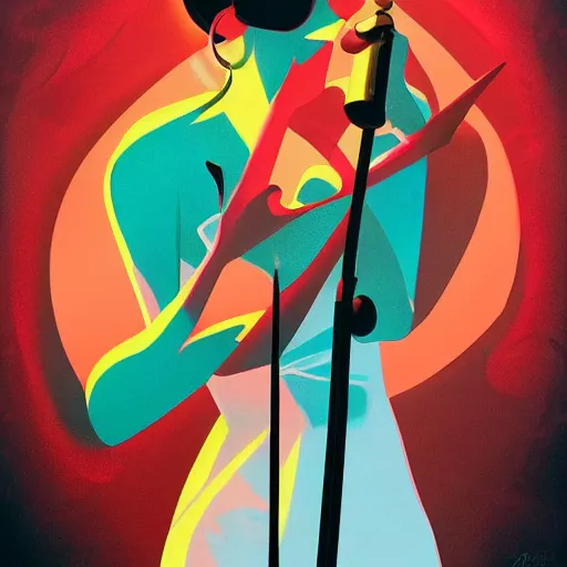 Prompt: a colorful comic noir illustration of a woman singing about a broken heart, beautiful, hyperrealistic, tristan eaton, victo ngai, artgerm, rhads, ross draws, 8 k, high contrast, dark vibes, pastel lighting, depth of field