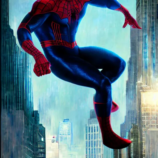 Image similar to ryan reynolds as spider - man, wearing a black and blue suit, cinematic, volumetric lighting, f 8 aperture, cinematic eastman 5 3 8 4 film, photorealistic by greg rutkowski, by stanley artgerm, by alphonse mucha