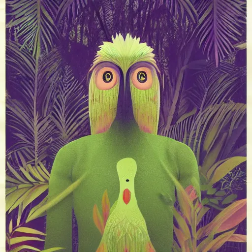 Prompt: mystical folk birdhuman character on a tropical forest, realistic proportions, glitch art, poster art, in the style of henri rousseau and pablo amaringo