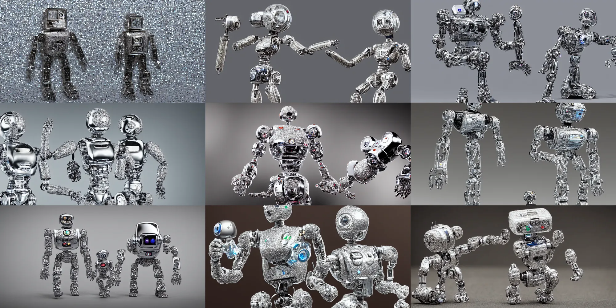 Prompt: a realistic photo of an intricate miniature robot made of chrome and diamonds