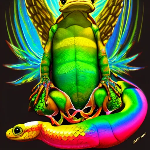 Image similar to toad with wings, rainbow snake, golden lizard, round dance, danceartstation, concept art, master illustration, details, good clear quality, fun - w 704