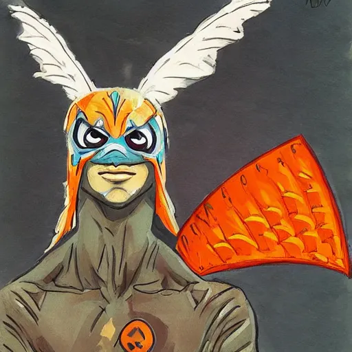 Image similar to ripped physique winged man disguised as a mothra whilst wearing a traffic cone hat transmetropolitan jen bartel winslow homer darick robertson staedtler