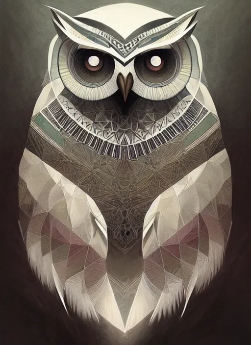 Image similar to portrait of a geometric owl, identical eyes, medium shot, illustration, full body made of white feathers, symmetrical, art stand, super detailed, cinematic lighting, and its detailed and intricate, gorgeous, by peter mohrbacher