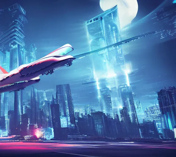 Prompt: futuristic sci fi plane lands at runway of cyberpunk city, night photo ,dark cinematic lighting , digital concept art
