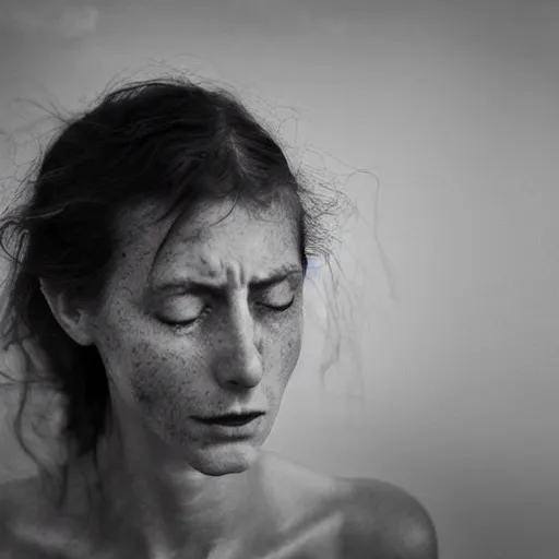 Prompt: award winning photo of some despair as paul thomas anderson would depict it, she is 2 3, skinny and beautiful and listens to oathbreaker, she is deaf but still hears, photo, black and white, the background is devastated by pollution, insanely detailed, once she dreamt of escaping dreams forever, foggy like in norwegian black metal aesthetic