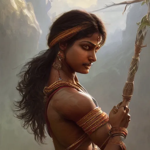 Image similar to muscular south indian woman, sari, ultra realistic, concept art, intricate details, eerie, horror, highly detailed, photorealistic, octane render, 8 k, unreal engine. art by artgerm and greg rutkowski and alphonse mucha