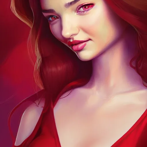 Image similar to a portrait of miranda kerr, pastel crimson - red, art by lois van baarle and loish and ross tran and rossdraws and sam yang and samdoesarts and artgerm and saruei and disney and wlop, digital art, highly detailed, intricate, sharp focus, trending on artstation hq, deviantart, unreal engine 5, 4 k uhd image