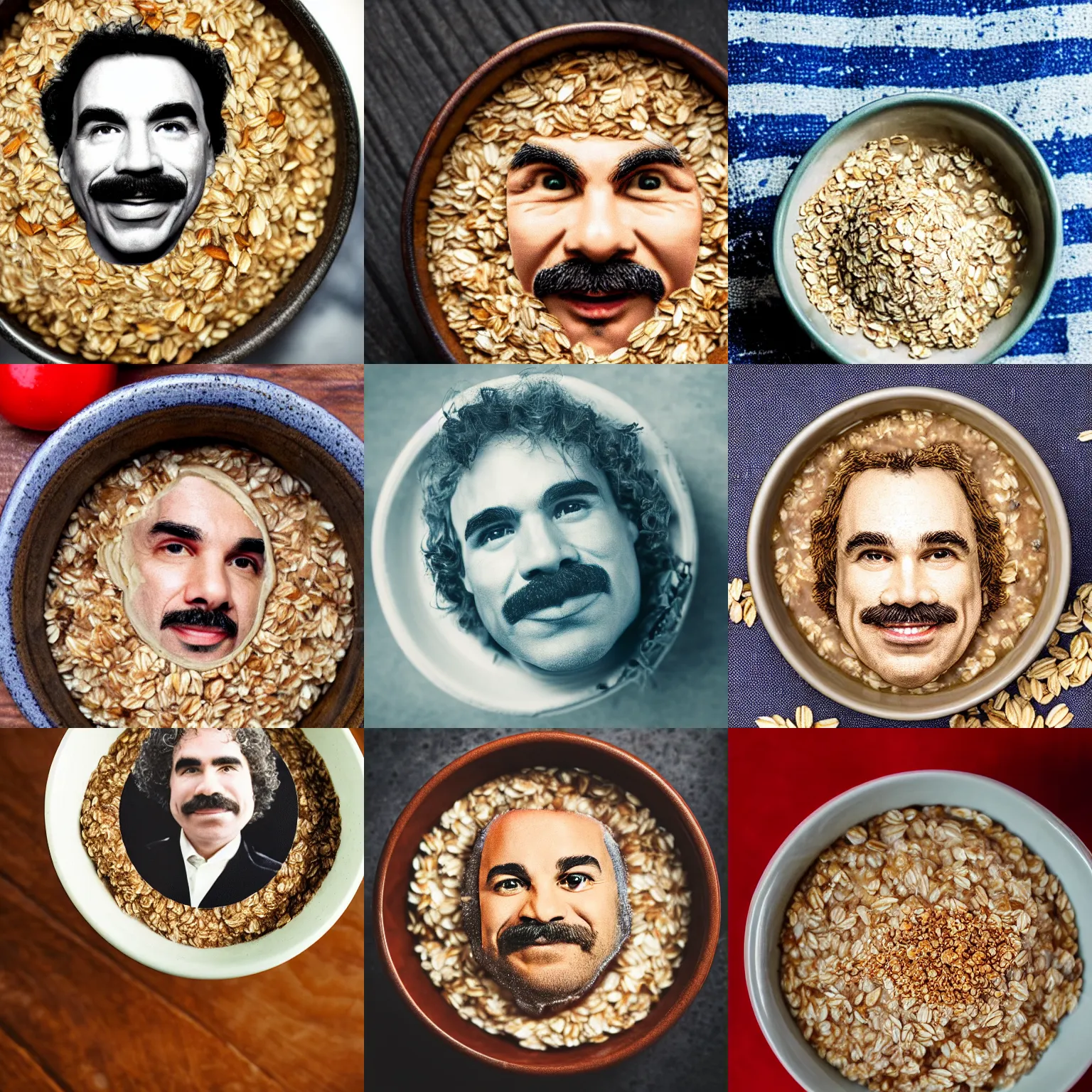 Image similar to a bowl of oats with the face of john oates in it, john oates face, macro shot