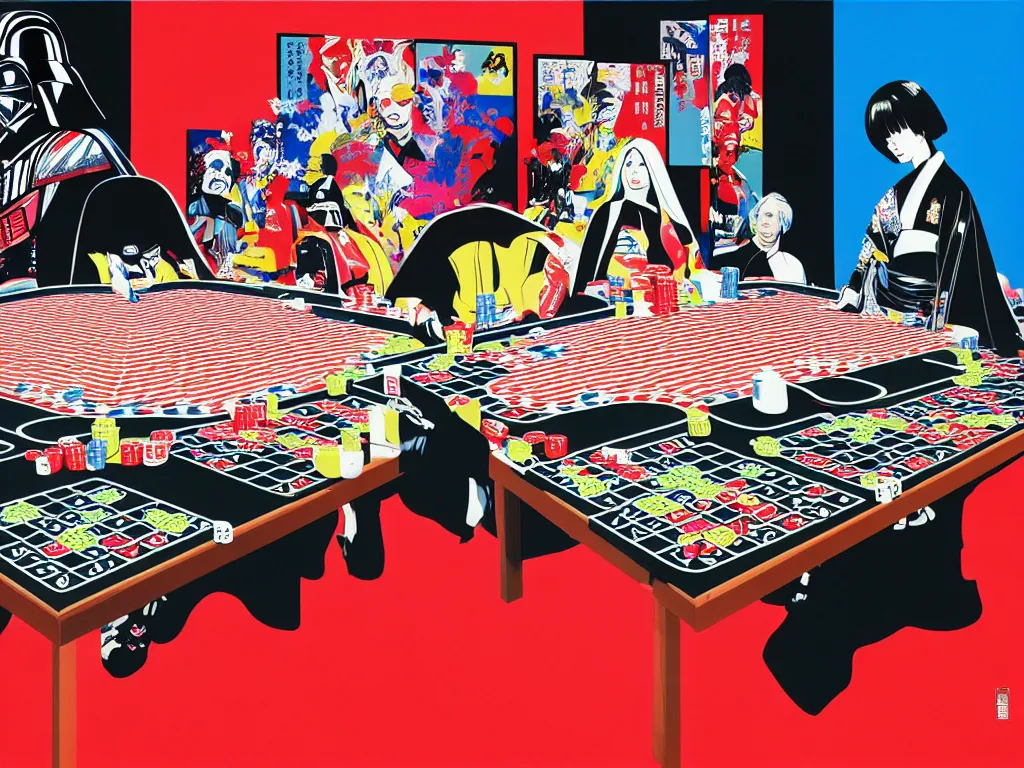 Image similar to hyper - realistic composition of a large room with an extremely detailed poker table in the center, woman in traditional japanese kimono standing nearby, darth vader sitting at the table, fireworks in the background, pop art style, jackie tsai style, andy warhol style, acrylic on canvas, dull palette