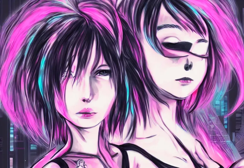 Image similar to little android girl with eccentric pink haircut wearing black feather dress, cyberpunk, anime style artwork, dark, neon, anatomically perfect