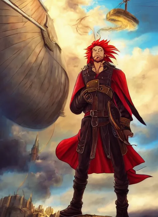 Image similar to epic fantasy portrait painting of a long haired, red headed male sky - pirate in front of an airship in the style of the full metal alchemist anime