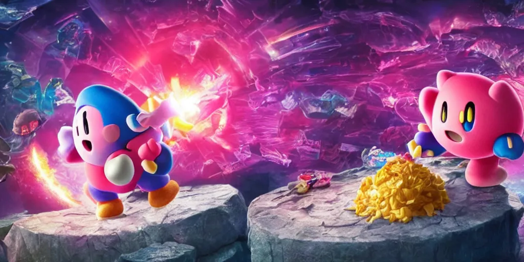 Image similar to kirby eating the source of capitalism, realistic 4 k octane beautifully detailed render, 4 k post - processing, highly detailed, intricate complexity, epic composition, magical atmosphere, cinematic lighting, masterpiece, ultra hd