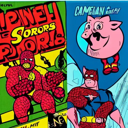 Image similar to comic book cover for the Central Pork Superheroes, pigs, berries, diamonds