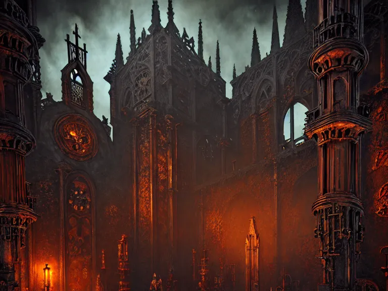 Image similar to steam necropolis, memento mori, gothic, neo - gothic, art nouveau, hyperdetailed copper patina medieval icon, stefan morrell, philippe druillet, ralph mcquarrie, concept art, steampunk, unreal engine, detailed intricate environment, octane render, moody atmospherics, volumetric lighting, ultrasharp, ominous, otherworldly