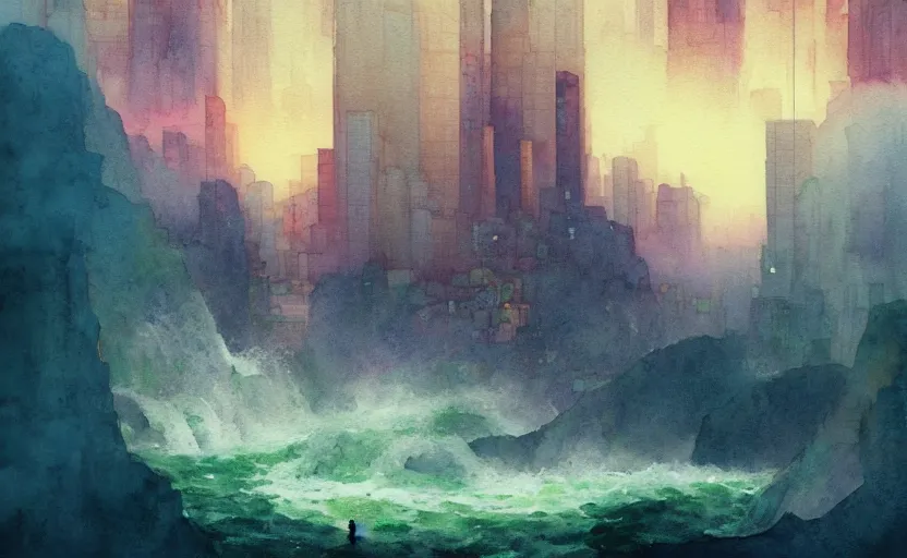 Image similar to a beautiful photo of a metropolis built on a island floating above the sea in the sky, waterfalls fall from the island into the sea, colorful watercolor, by ruan jia, by maxfield parrish, by marc simonetti, by hikari shimoda, by robert hubert, by zhang kechun, illustration, gloomy, volumetric lighting