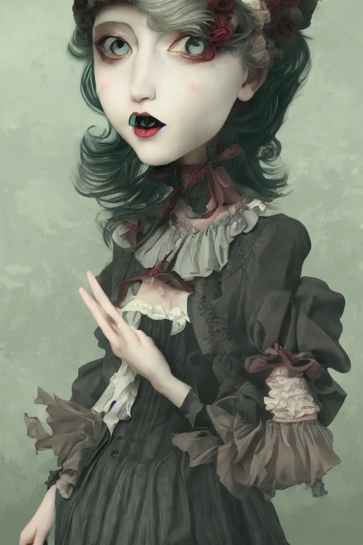 Image similar to Lowbrow pop surrealist Gothic Lolita digital art, painted by Julia Heffernan, Élisabeth Louise Vigée Le Brun, Studio Ghibli, realistic hair, artstation trend, high quality printing, fine art with subtle redshift rendering