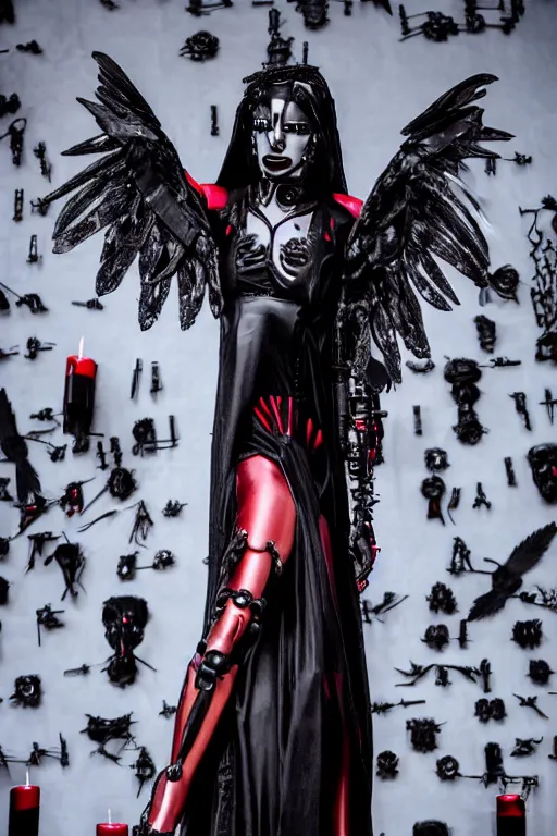 Image similar to full-body cyberpunk style sculpture of a young beautiful dark priestess, half android with a head opening exposing circuitry, glowing red eyes, black roses, flowing blood red colored silk, fabric, candles. baroque elements, human skull. full-length view. baroque element. intricate artwork by Caravaggio. crows flying in background. Trending on artstation, octane render, cinematic lighting from the right, hyper realism, octane render, 8k, depth of field, 3D