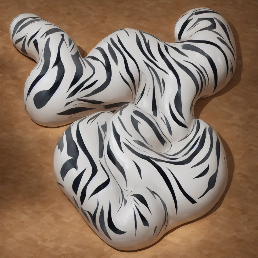 Image similar to beautiful gallery show studio photograph of a giant realistic curvy ceramic sculpture of a long cat!!!!!, glazed by bridget riley and victor vasarely, placed on a polished wooden table, colorful hyperrealism 8 k trending on artstation