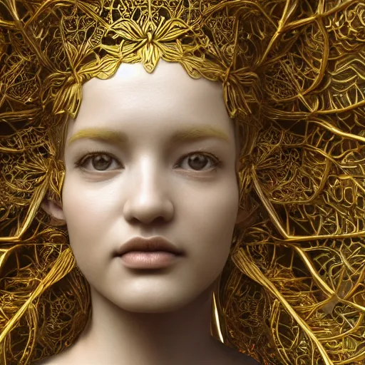 Prompt: Ultra detailed beautiful 3d render of a marble statue, beautiful woman face, long shiny hair, symmetrical composition, macro, intricate thin details in gold, crown made of fantasy flowers and leaves, fractal vines, octane render, 8k, high quality, volumetric lighting, color grading, by James Jean and WLOP and Victo Ngai and Craig Mullins