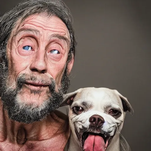 Prompt: worlds ugliest man with his ugly dog, portrait photography