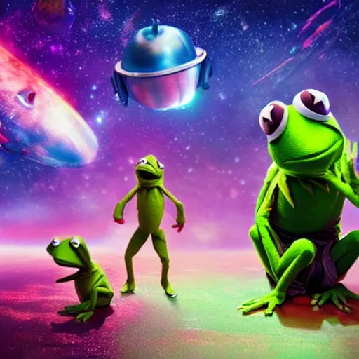 Prompt: the avengers battle kermit the frog in space, galaxy, hd, explosions, gunfire, lasers, spatula, giant, epic, showdown, colorful, realistic photo, unreal engine, stars, prophecy, epic oil painting, powerful, diffused lighting