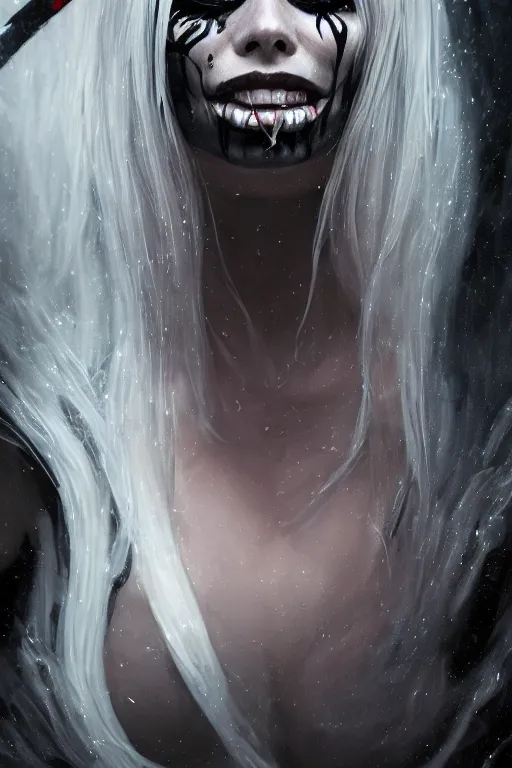 Image similar to a fancy portrait of Margot Robbie as lady death its self by Greg Rutkowski, Sung Choi, Mitchell Mohrhauser, Maciej Kuciara, Johnson Ting, Maxim Verehin, Peter Konig, final fantasy, mythical, macro lens, 35mm, 8k photorealistic, cinematic lighting, HD, high details, atmospheric,