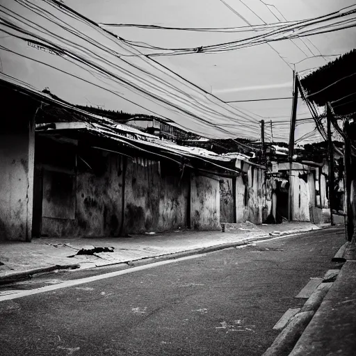 Image similar to A photography of nothingness on the favela street at night after the war between humans and AIs by hasior