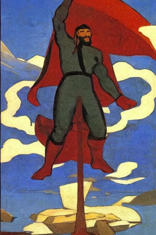 Image similar to thor, marvel, artwork by nicholas roerich,