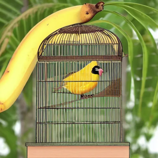 Prompt: a photo of a bird cage with a banana inside it, realistic, ultra high detail, 8 k.