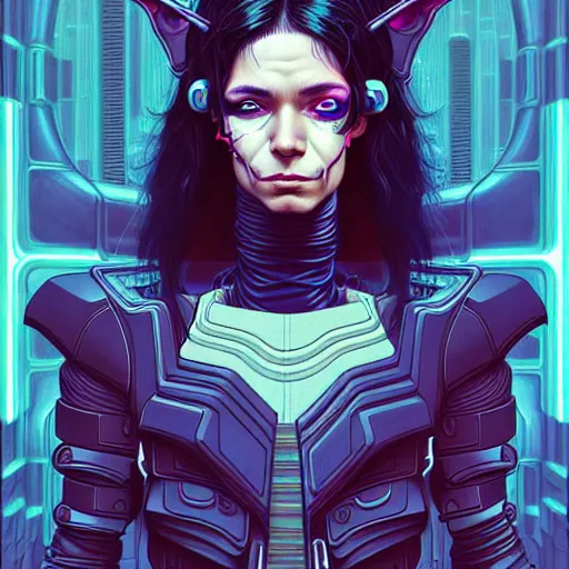 Image similar to portrait painting of a cyberpunk elf with beautiful flowing black hair and eyes, sharp focus, award - winning, trending on artstation, masterpiece, highly detailed, intricate. art by josan gonzales and moebius and deathburger