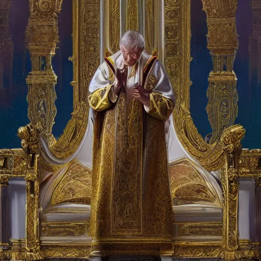 Image similar to kneeling before the pope, royal robe, gold trim, light effect, hyper detailed, intricate, atmospheric, elegant, photorealistic by paul lehr, marco mazzoni, featured on cgsociety, rococo, whimsical, artstation