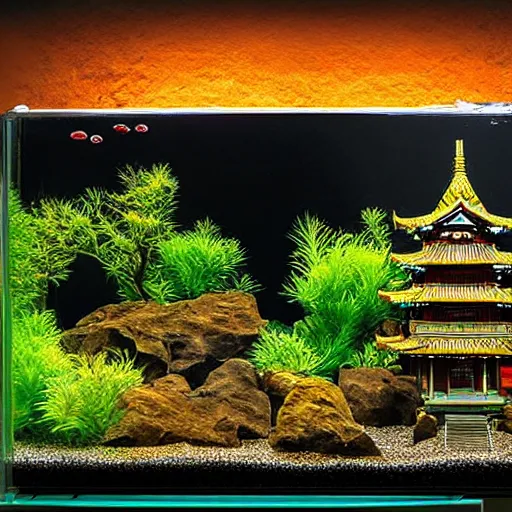 Prompt: an asian temple encased in a mini aquarium, greg ruthowski