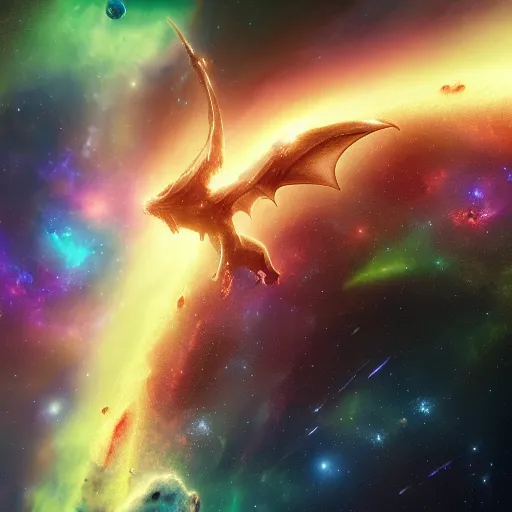 Prompt: dramatic render of a galaxy dragon flying through a space nebula, cgsociety, artstation, 4k