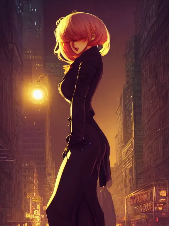 Image similar to full body picture of a mafia madam in the night city, bored, beautiful and aesthetic, intricate, unreal engine, messy hair, highly detailed, detailed face, smooth, sharp focus, chiaroscuro, manga illustration, artgerm, greg rutkowski, ilya kuvshinov, rossdraws, alphonse mucha, young adult light novel cover art