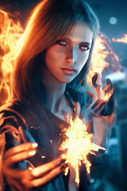 Image similar to young blond woman playing with fire in the palm of her hand, cyberpunk, realistic, high definition, many details, dramatic scene, symmetrical face, realistic eyes, unreal engine art 5