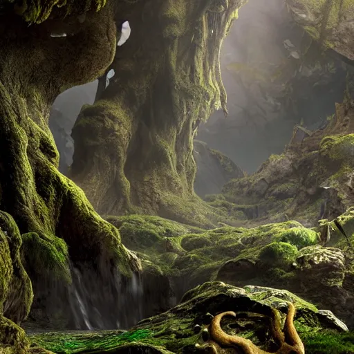 Prompt: yggdrasil in a deep mossy cavern, cinematic, ffxiv, very realistic, very detailed, hyperrealistic, octane render, high resolution, god rays, landscape, wide shot