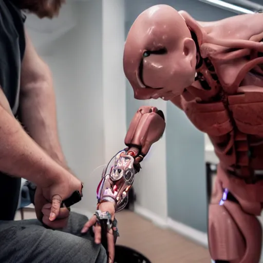 Image similar to Amputee being fitted with a cyborg arm, 2033, Award Winning Photo, 35mm film, transhumanist