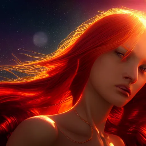 Prompt: Beautiful 3d render of a stunning!!! woman with flowing red hair in a sensual pose, atmospheric lighting, painted, intricate, volumetric lighting, beautiful, rich deep colors masterpiece, golden hour, sharp focus, ultra detailed, in the style of Dan Mumford and Johfra Bosschart, with a crowded futuristic cyberpunk city in the background, astrophotography