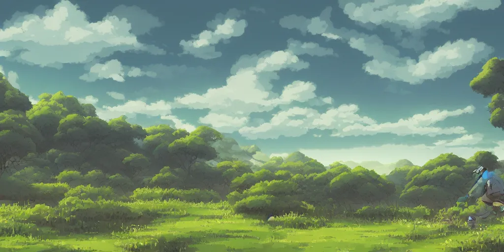 Image similar to landscape, morning, quiet, no people, Ghibli, Anime Background, Miyazaki Hayao, concept art, illustration,smooth, sharp focus, intricate, super wide angle, trending on artstation, trending on deviantart, pixelart