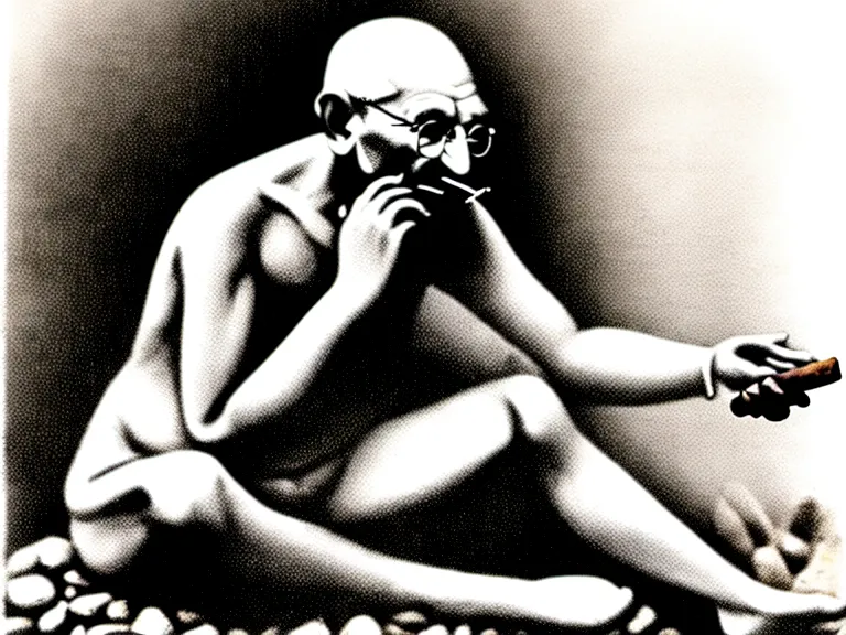 Image similar to side view of gandhi holding a cigar, sitting on a beach, next to a campfire, with palm trees and different types of beach animals parrot turtle lizard crab coconuts in the back