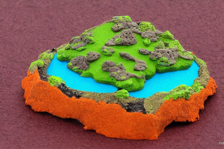 Prompt: miniature volcanic island made of candy, diorama picture, 5 5 mm, candy - island