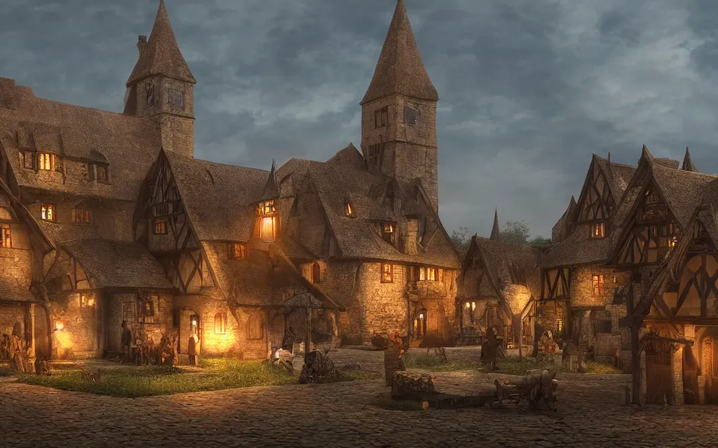 Prompt: the square of a medieval english village with a well in the center, arches, orange light, highly detailed, cinematic lighting, render, fantasy