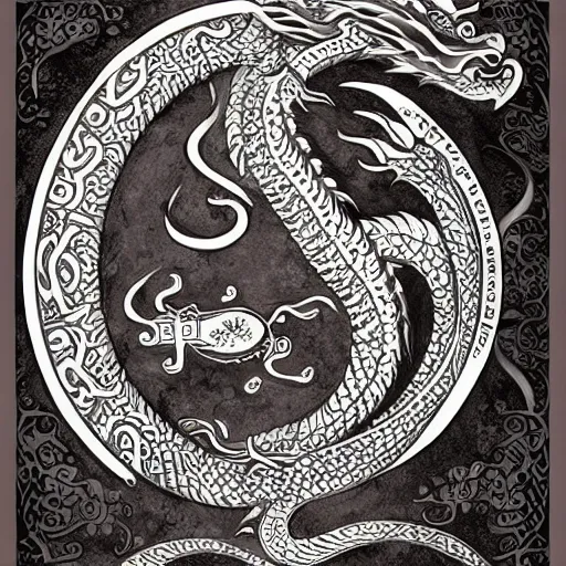 Prompt: book of kells, asian dragon breathing fire as latte art, award winning, white background, deviantart, beautiful, intricate, highly detailed, digital painting, artstation, concept art, smooth, sharp focus, illustration,