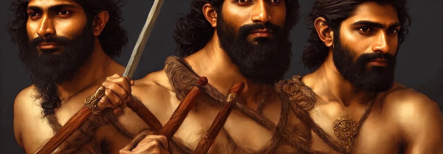 Image similar to renaissance upper body portrait of a gruff ranger with a spear, Indian South Asian, lean and toned, handsome face, hairy chest, D&D, intricate, elegant, highly detailed, digital painting, artstation, concept art, matte, sharp focus, illustration, art by da Vinci, Artgerm and Greg Rutkowski and Alphonse Mucha