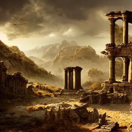 Image similar to intricate matte painting, dramatic landscape, ruins