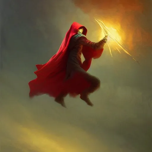 Prompt: ''cinematic shot'' red hooded mage ( spectre ) with bells ringing simetrical 8 k atmosferic realistic, wearing a green cape, holding a bell, made by ivan aivazovsky, peter mohrbacher, greg rutkowski volumetric light effect broad light oil painting painting fantasy art style sci - fi art style realism premium prints available artwork unreal engine