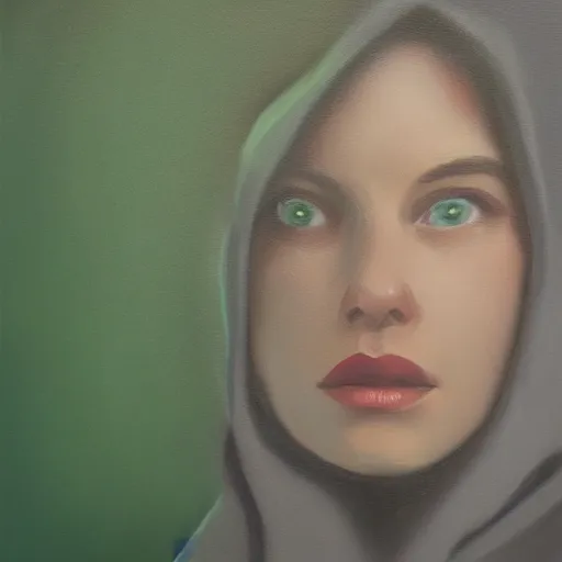 Image similar to woman with freckles, short brown hair, green eyes, wearing a grey hooded sweatshirt, trending on artstation, oil painting, volumetric light