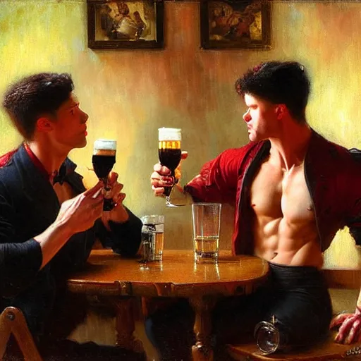 Prompt: attractive muscular male with dark red hair with muscular attractive male with black hair, drinking their hearts out, in a pub. very defined and highly detailed painting by gaston bussiere, j. c. leyendecker, craig mullins 8 k